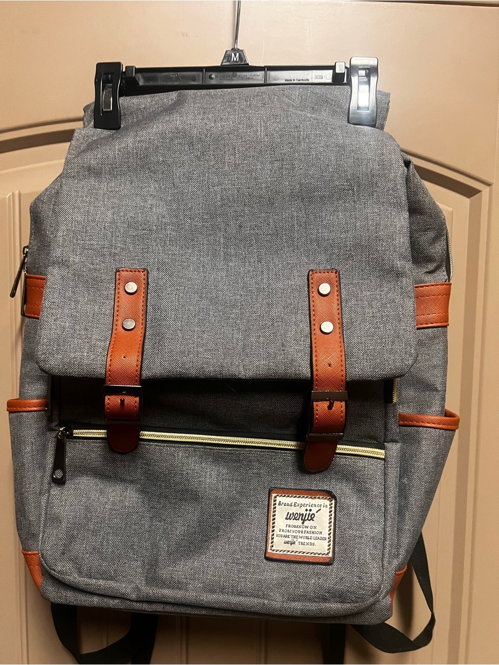 Wenjie Gray Canvas Backpack Brown Faux Leather Trim